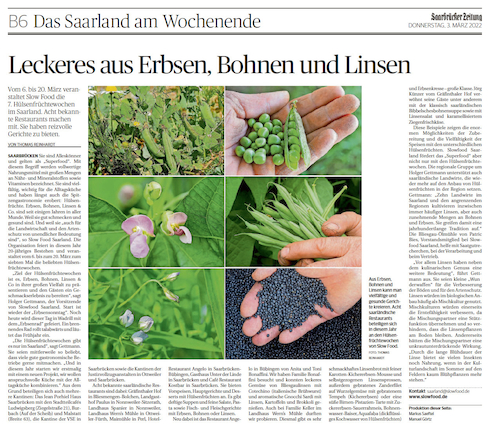die Saarbrücker Zeitung berichtet über die Slow Food Hülsenfruchtwochen, März 2022